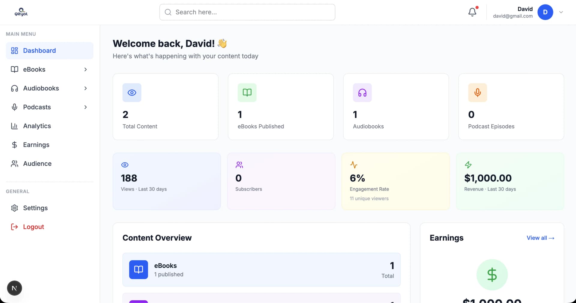 The Qityol Creators dashboard, showing published titles, audience numbers and earnings