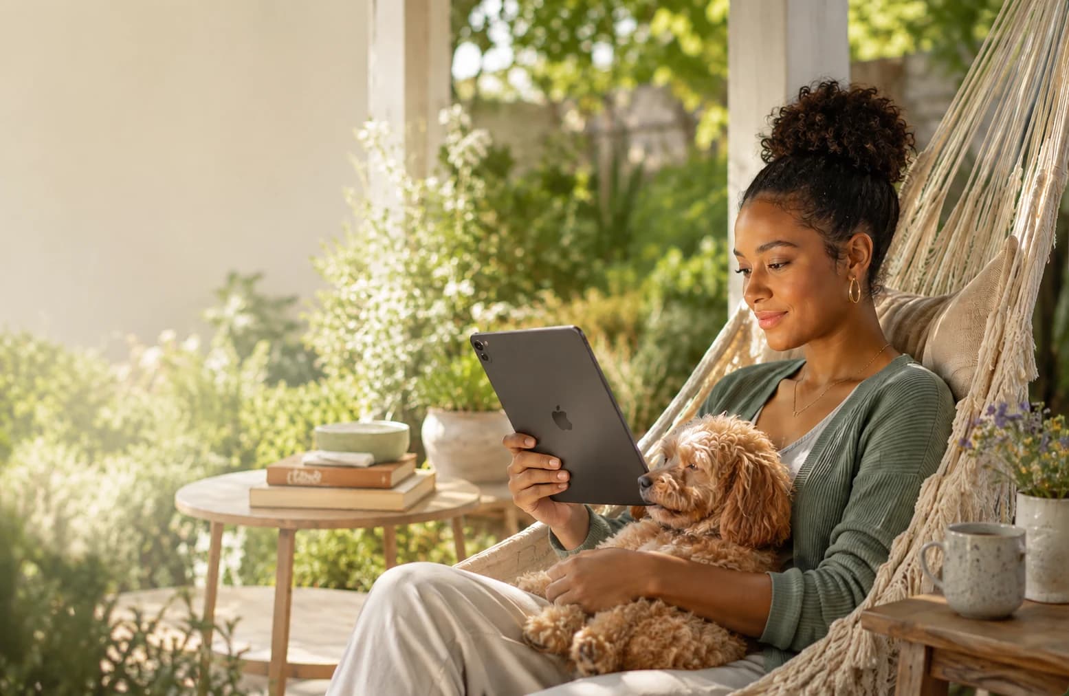A writer reading on a tablet in a hammock chair on a sunlit porch
